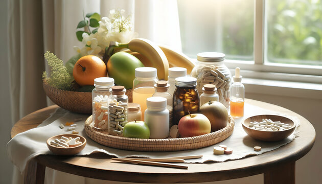 Healthy A natural and organic-themed arrangement of dietary supplements and fruits on a woven bamboo tray, p2