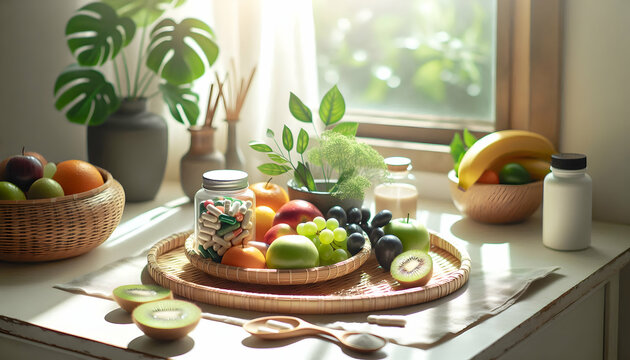 Healthy A natural and organic-themed arrangement of dietary supplements and fruits on a woven bamboo tray, p1