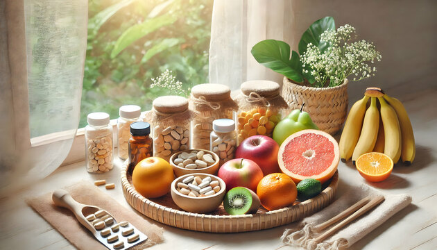 Healthy A natural and organic-themed arrangement of dietary supplements and fruits on a woven bamboo tray, p4