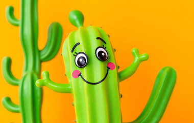 A cheerful green toy cactus with a smiling face and cartoonish eyes, placed against a bright orange backdrop. The cactus has small arms sticking out playfully