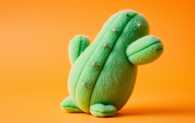 A small, cute green toy cactus made of soft plush material, standing upright on a vibrant orange background. The lighting is soft and even, highlighting the texture of the toy.