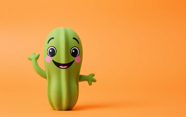 A cheerful green toy cactus with a smiling face and cartoonish eyes, placed against a bright orange backdrop. The cactus has small arms sticking out playfully