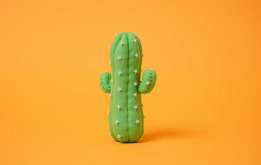 A small, cute green toy cactus made of soft plush material, standing upright on a vibrant orange background. The lighting is soft and even, highlighting the texture of the toy.
