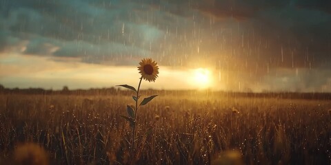 Rain and thunderstorms nature clouds, A lone sunflower stands in a rain-soaked field as the sun sets in the background.