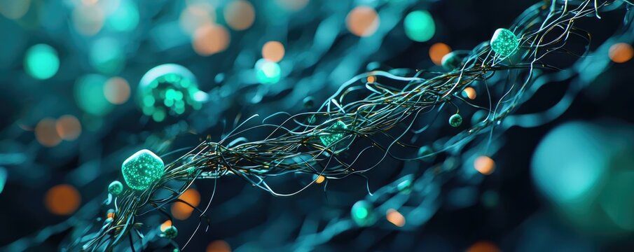 Marine research microscopic concept. Close-up of intertwining roots with glowing decorative elements in vibrant lighting.
