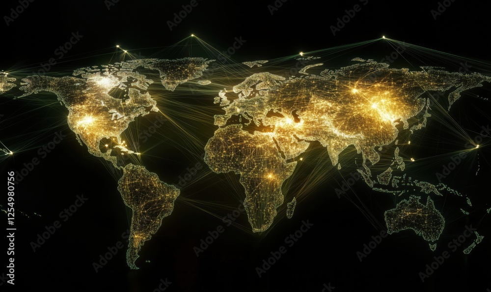 Poster illuminated world map with network connections and data points