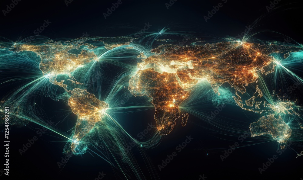 Poster global connectivity visualization with illuminated network lines and data flow across continents