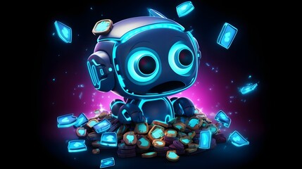 A glowing futuristic chatbot icon surrounded by speech bubbles filled with financial tips advice and insights showcasing a modern high tech digital design for financial support and analytics