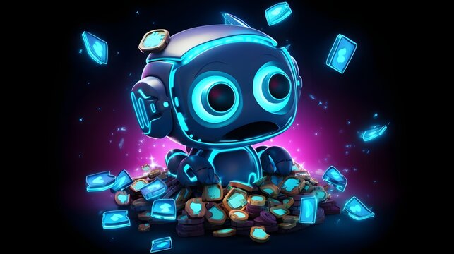 A glowing futuristic chatbot icon surrounded by speech bubbles filled with financial tips advice and insights showcasing a modern high tech digital design for financial support and analytics