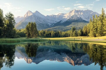 Obraz premium Stunning alpine lake landscape with towering peaks and tranquil reflections in nature s serenity
