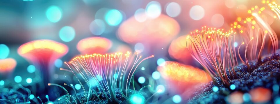 Marine research microscopic concept. Colorful mushrooms glowing in an enchanting, blurred bokeh background.