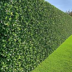 Artificial hedge wall outdoors, green grass background, landscaping, privacy screen