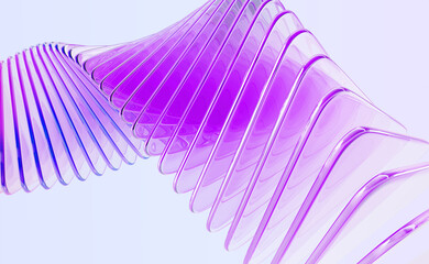 Abstract 3d background with glass spiral swirl effect of row square plates. Holographic gradient light curve wave line pattern. Futuristic architecture design, render tech banner. 3D illustration