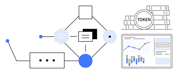 Blockchain network diagram showcasing data flow, token stacks, and a chart with analytics. Ideal for explaining blockchain, cryptocurrency, fintech, data analysis, digital finance, technology trends