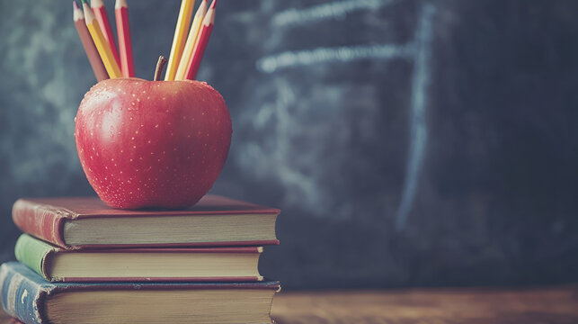 Back to school background with books pencils and apple over chalkboard and wooden table ai genrative