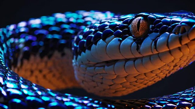 A neon-lit snake slowly shifting its gaze, with shimmering scales reflecting vibrant blue and orange lights in a surreal atmosphere