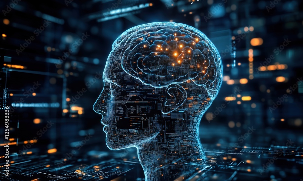Poster digital brain visualization with neural connections and data streams