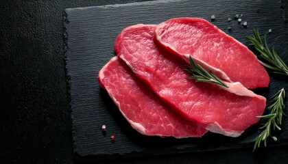Raw meat slices on black table