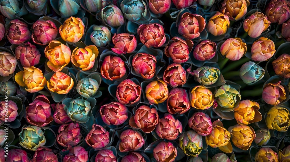 Poster a stunning array of tulips in various shades fills the frame, showcasing their delicate petals and l