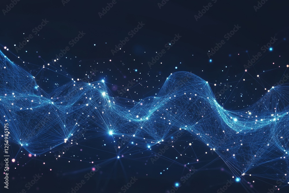Poster abstract digital wave, glowing network, dark background, data visualization