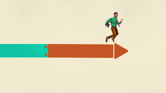 Motion poster trend art collage video of businessman run arrow carry laptop success career growth opportunity