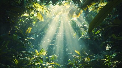 Sunlight filtering through dense jungle foliage, tropical rainforest scene, for nature backgrounds