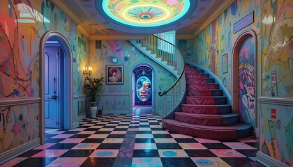 A surreal and vibrant hallway with a curved staircase, abstract art, and a unique checkerboard floor.