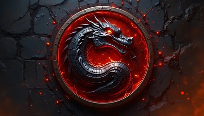 Fiery Dark Dragon Emblazoned on a Molten Circular Metal Emblem