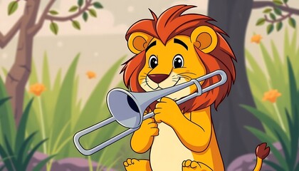Adorable Cartoon Lion Cub Playing a Trombone in a Lush Green Forest Setting