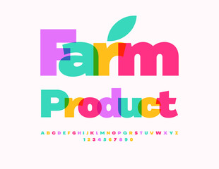 Vector Colorful sticker Farm Product. Transparent Watercolor Font. Decorative Alphabet Letters and Numbers