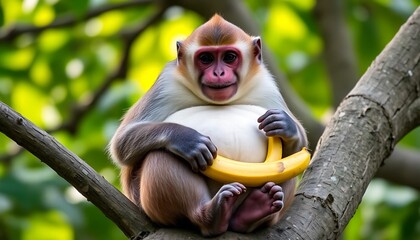 Adorable Red-shanked Douc Langur Monkey Sitting on Tree Branch Holding a Banana