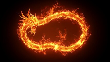Fiery Dragon Encircled in Flames Abstract Ouroboros Mystical Creature Scorching Aura on Black Backdrop