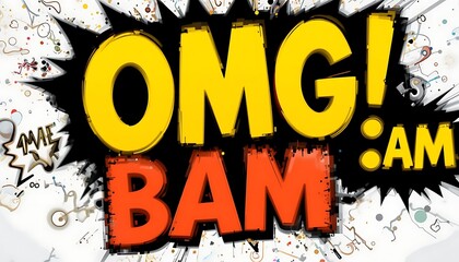 OMG! BAM! The amazing and explosive vibrant colorful 3D text art design with confetti background