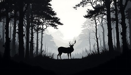 Majestic Silhouette of a Deer in a Dark and Mysterious Forest, Misty Morning Light