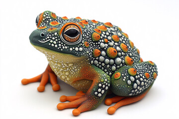 A whimsical, colorful frog with textured skin, featuring orange spots and a speckled pattern, sits against a clean white backdrop.