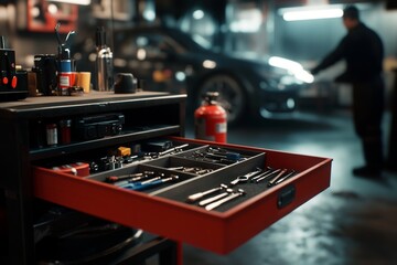 Professional auto repair workshop with tool cart and mechanic at work under elevated car
