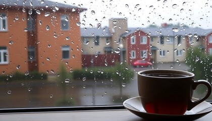 Rainy day comfort: A warm cup of tea on a windowsill, overlooking rain-soaked houses