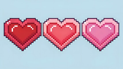 Three hearts depicted in a pixel art style, reminiscent of old video games. The style is retro and pixelated. This design is well-suited for themes of retro gaming, love, or Valentine's Day.