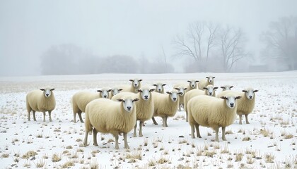 A flock of fluffy white sheep standing in a snowy field on a foggy winter day, with bare trees in the background.