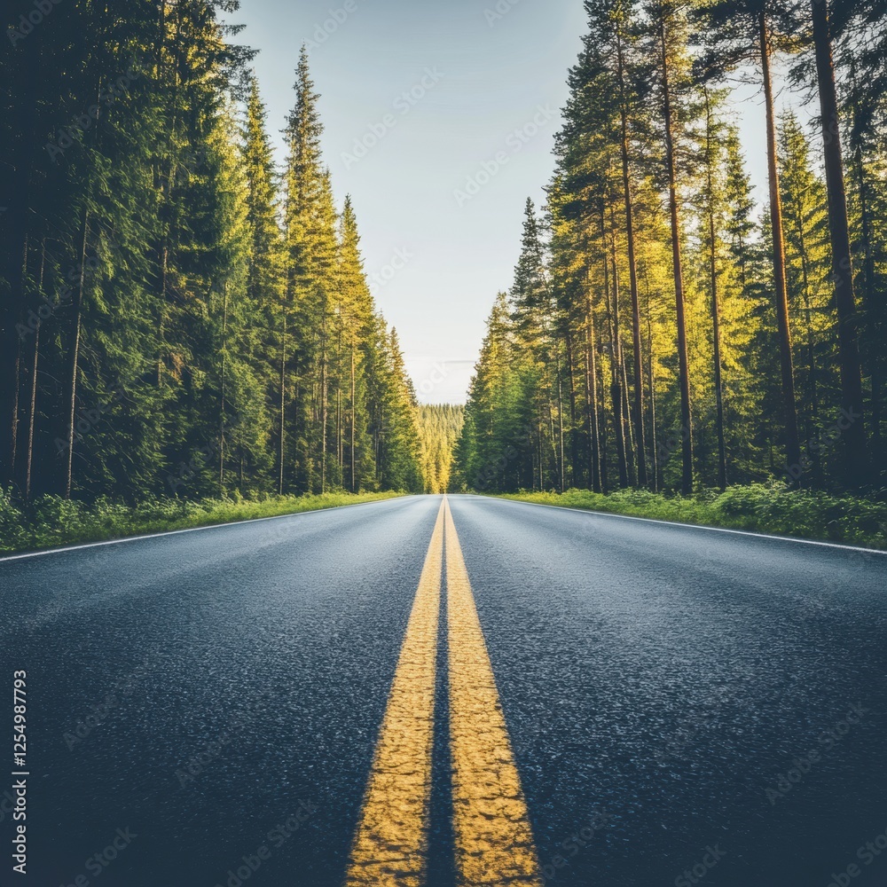 Leinwandbilder road stretches into a serene forest setting surrounded by tall evergreen trees and the glow of after