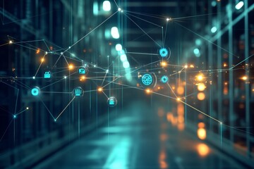 High tech supply chain network with icons and connections in a blurred warehouse background