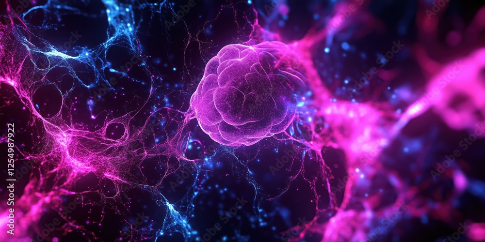 Poster neural network visualization with glowing brain and colorful synapses