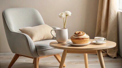 Peaceful morning coffee break with sweet treat and flowers near a cozy armchair