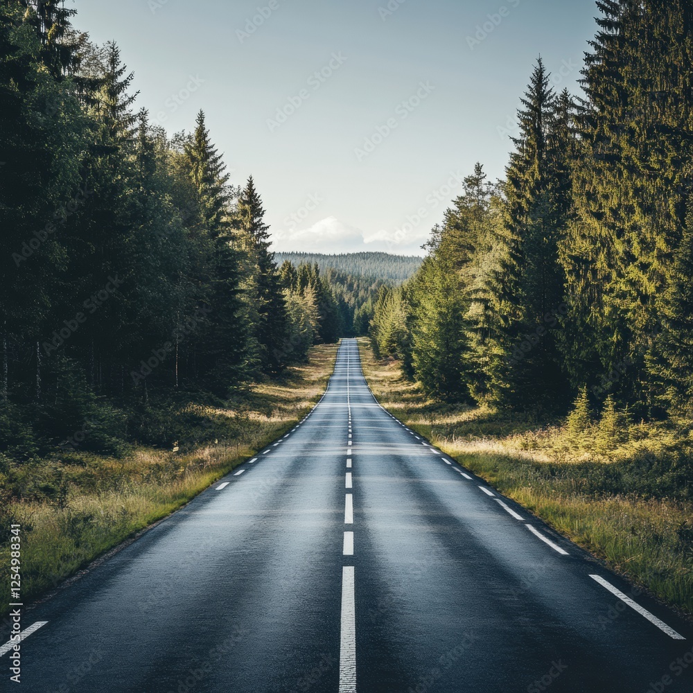 Poster Straight road winding through dense forest towards distant mountains on a cloudy day. Generative AI
