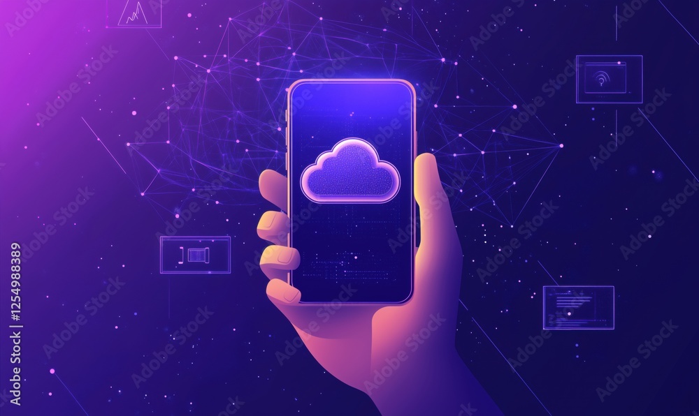 Poster cloud computing concept with smartphone displaying cloud icon and digital network background