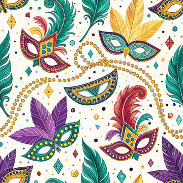 dekoratives Muster mit Karnevalsmasken, Federn, Girlanden und weiteren Elementen
