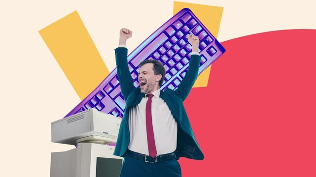 Creative poster motion collage video of businessman stand keypad tool qwerty pc desktop device office manager