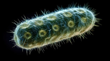 Microscopic image of a bacteria with hair-like flagella on a dark background