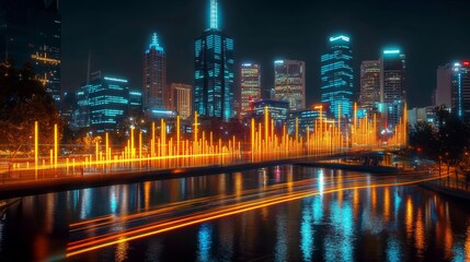 Futuristic city skyline at night with glowing financial graphs and vibrant light trails in motion