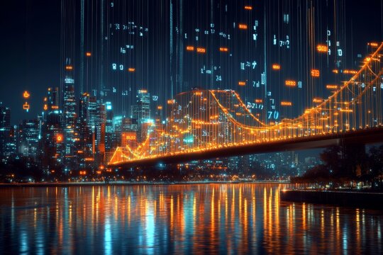 Futuristic urban landscape blending financial growth and data analytics in a night cityscape